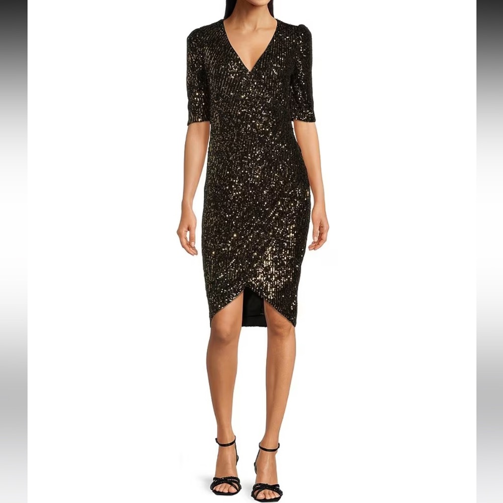 Calvin Klein Short Elbow Sleeve, V-Neck, Sequined, Faux Wrap Dress, Size 14W